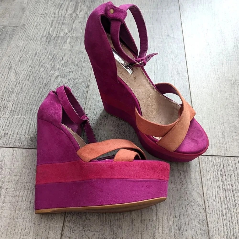 H by Halston GiGi Hot Pink Suede Platform Sandals Fuchsia Magenta Sz 7